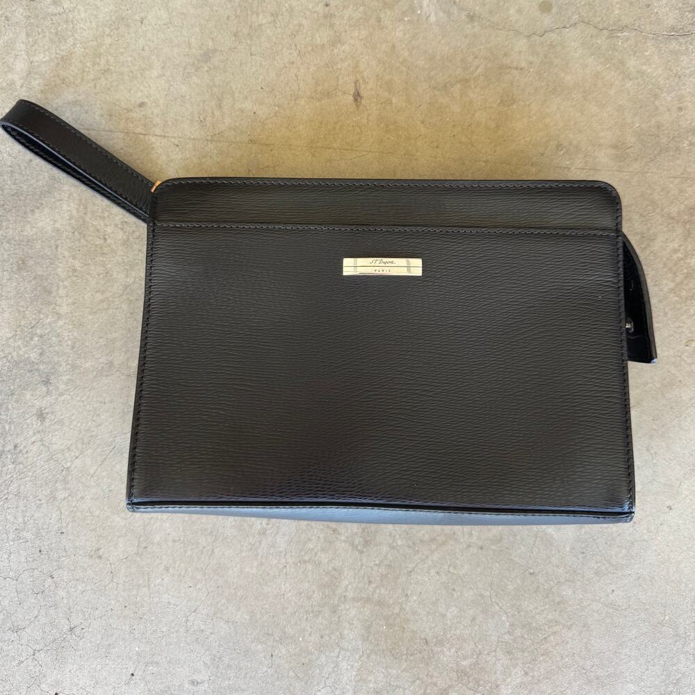 Vintage S.T. Dupont Paris Black Leather Wristlet Clutch Organizer Bag